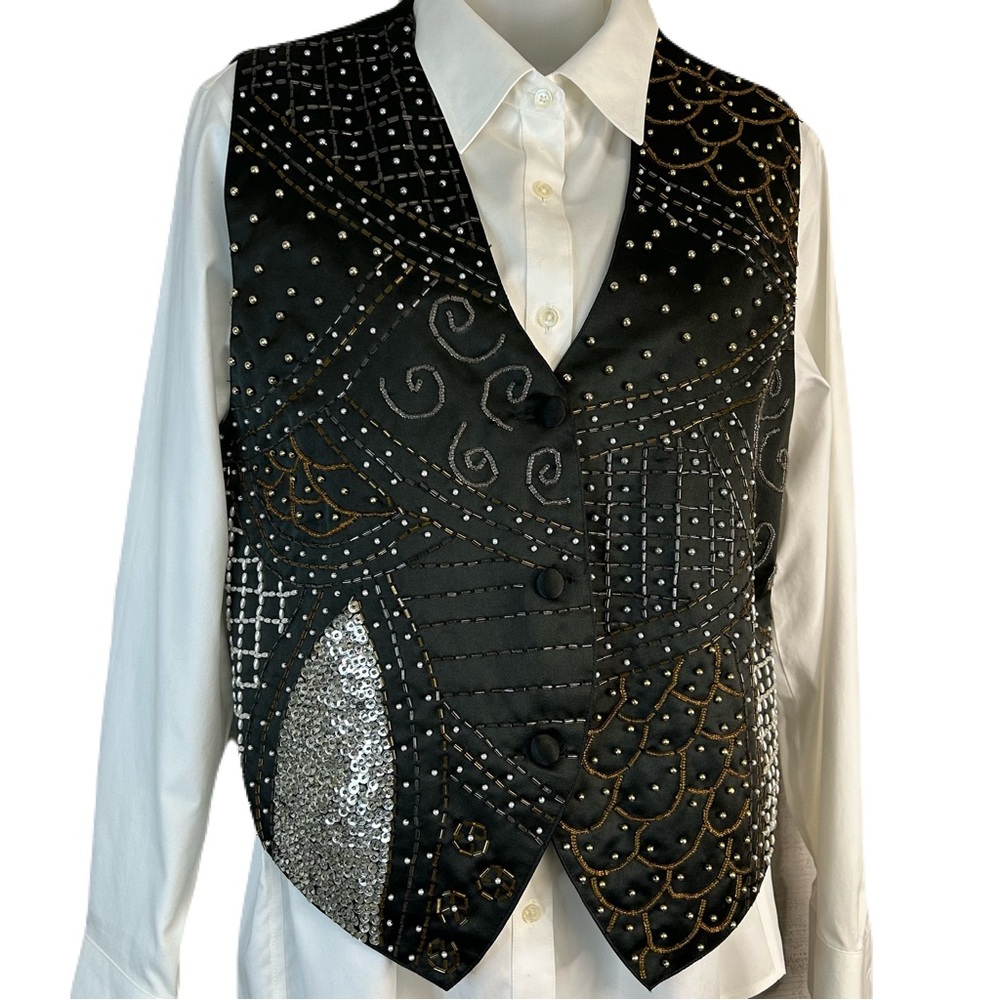 Vintage Metallic Beaded Formal Vest Womens L Button Up Sequins Silver Gold Party